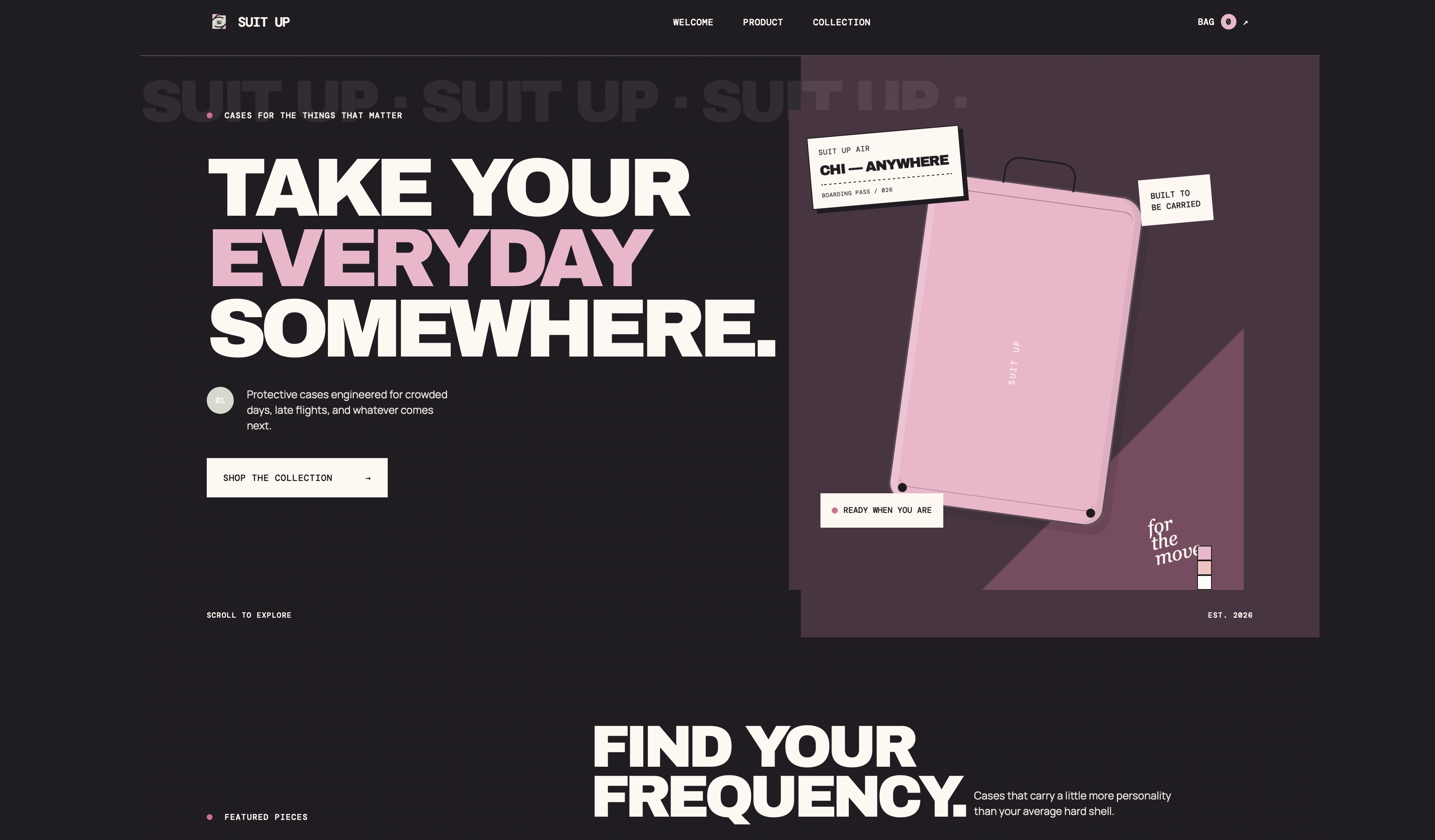 Suit Up dark editorial luggage case website design